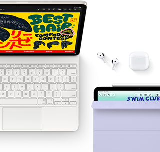 iPad Air attached to Magic Keyboard, with AirPods Pro, Apple Pencil Pro, and Smart Folio accessories