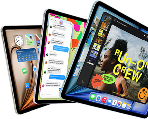 Three iPad Air displays showing iPadOS and apps features