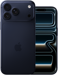 Side by side, iPhone 17 Pro Max, back exterior, Pro camera system, 3 lenses, microphone, flash, Deep Blue finish, iPhone 17 Pro, front exterior all screen design, Deep Blue finish