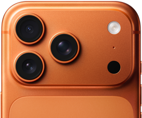iPhone 17 Pro, Cosmic Orange partial back exterior, Pro camera system in top left corner, 3 lenses, microphone, flash