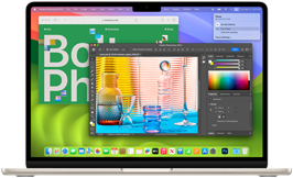 13-inch MacBook Air in Starlight, multiple work apps run on screen
